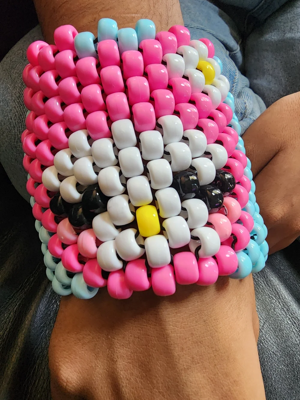 Handmade Beaded Kandi Cuff Bracelet in Black, White, Pink & Blue